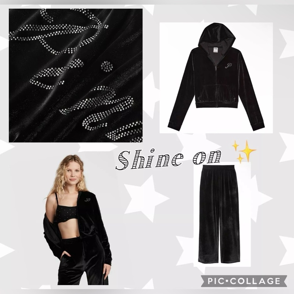 Victoria Secret Pink Bling Velour Shine Full-zip Crop Hoodie & Wide-leg Pants